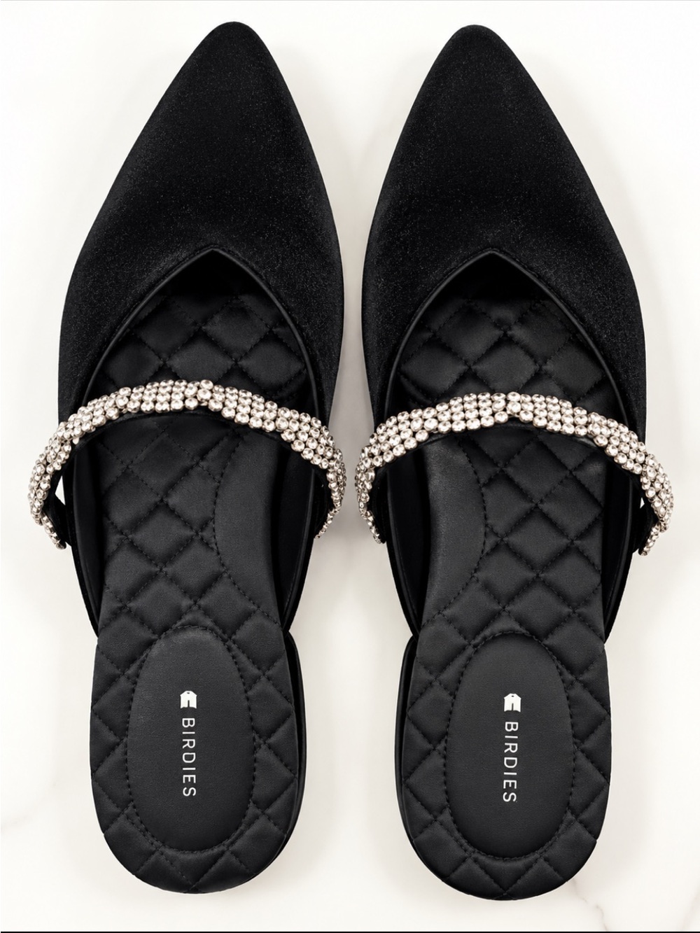 Birdies Black Pointed swan black velvet Mules with Crystal-Embellished Strap